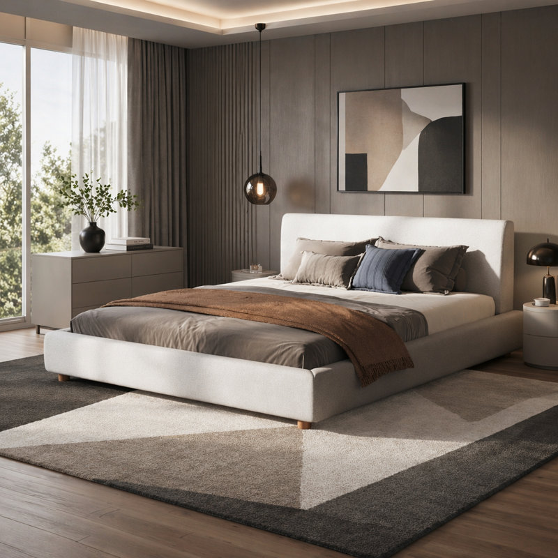 Structure de lit tapissier très grande avec tête de lit épaisse, structure de lit moderne en tissu avec support en lattes de bois
