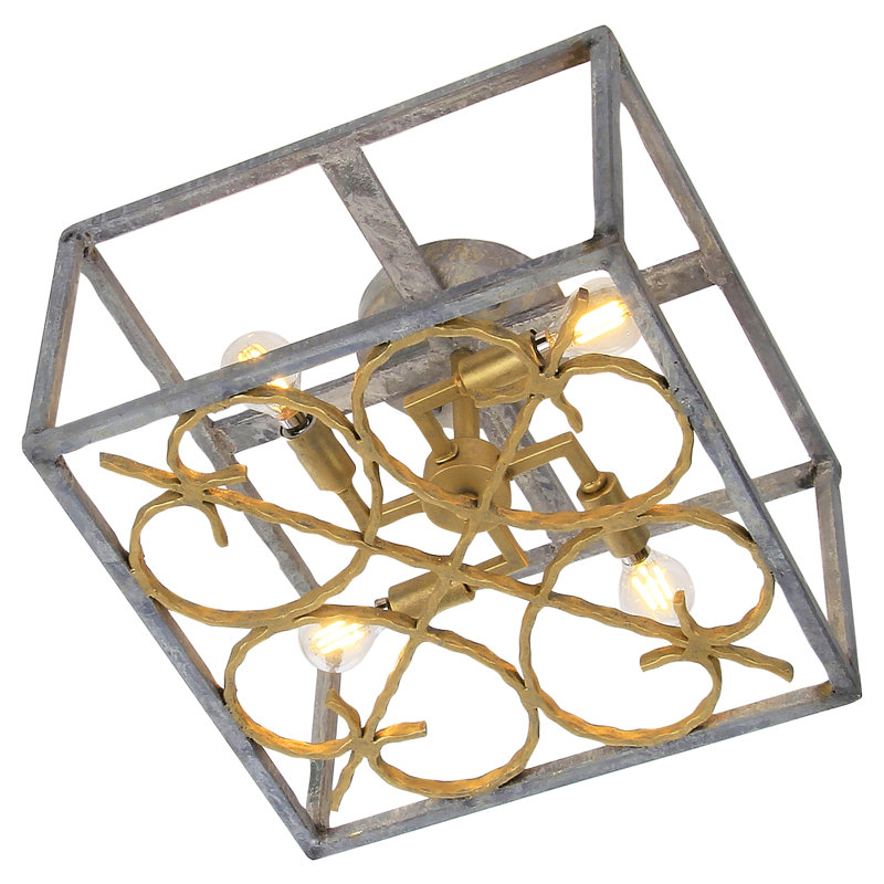 Scroll 4 - Light 14" Caged Square / Rectangle Flush Mount, Deep Ocean/ Antique French Gold, 9.5" H x 14" W x 14" D
