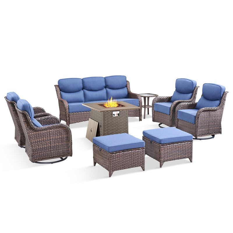 Wickes 9-Piece Outdoor Wicker Patio Conversation Set With Square Fire Pit, 3-Seat Sofa, Ottomans, 4 Swivel Gliders And Side Table
