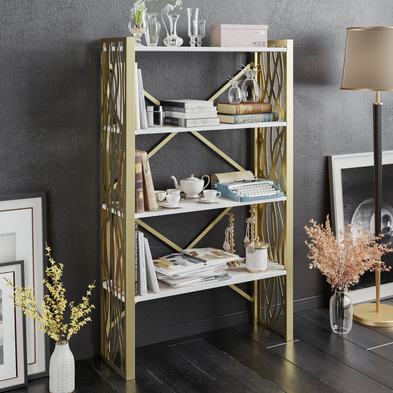 147.32cm H x 88.9cm W Metal Etagere Bookcase, Gold/White