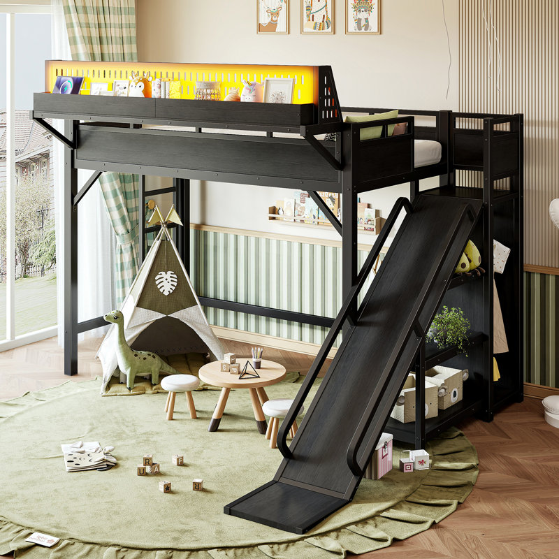 Lit mezzanine naturel avec glissade, tablettes de rangement, garde-robe, cadre de lit USB et en métal à DEL, noir, Queen