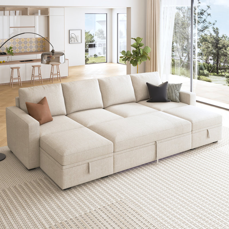 Niyona U Shaped Sleeper Pull Out Couch Storage Sectional Sofa, Beige Polyester