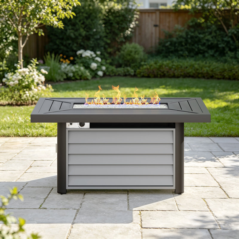 Baecher Aluminum Propane Outdoor Fire Pit Table with Hidden Fuel Tank Storage & Lid, 24.6" H x 51.9" W x 33.9" D, Gray
