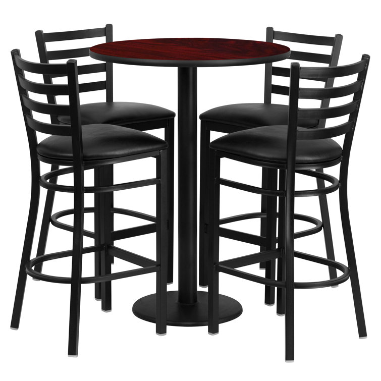 Aniket 30'' Round Laminate Table Set with Round Base and 4 Ladder Back Metal Barstools