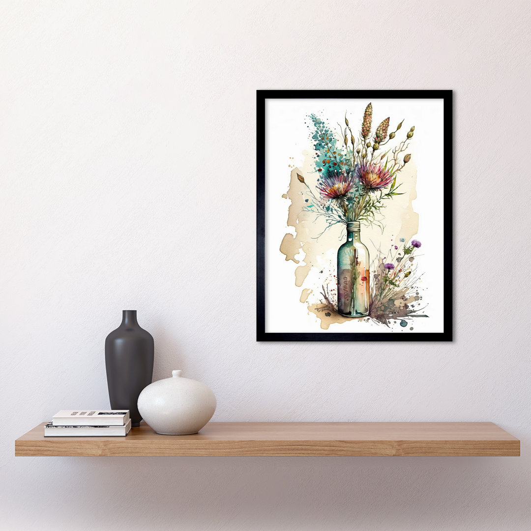 Spring Flower Bouquet In Glass Wine Bottle Vase Art Print Framed Poster Wall Decor 12X16 Inch