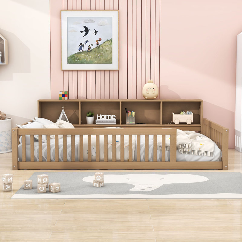 Wood Twin XL Floor Bed with Built-In Storage Shelves and USB Charging Ports, Brown