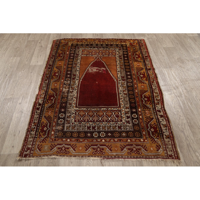 Tapis décoratif en laine rouge anatolian rouge/brun 3 pi 10 po x 5 pi 1 po one-of-a-kind noué à la main