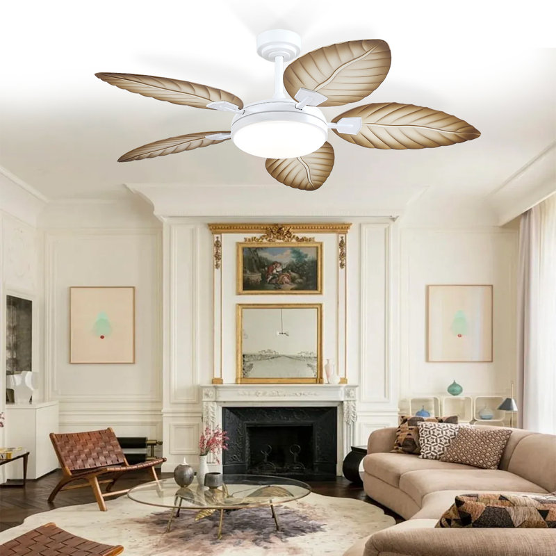 Ventilateurs de plafond 52 "à feuilles de palmier tropicales avec lumières et télécommande, White with Brown