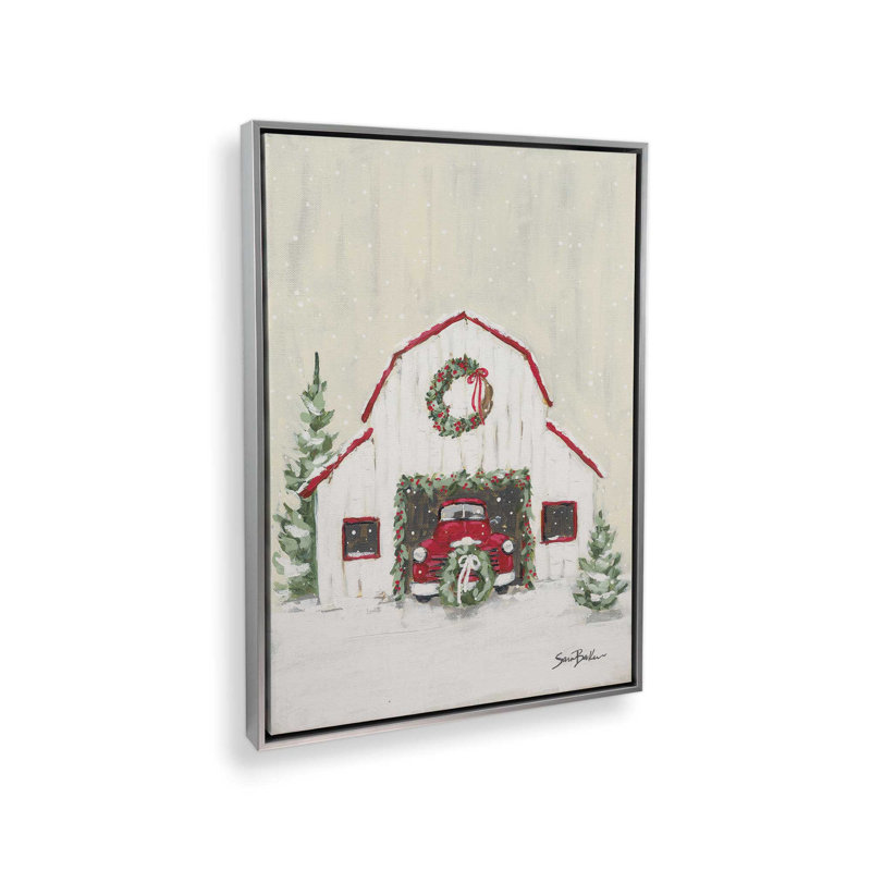 «Farmhouse Christmas Truck & Barn» par Sara Baker, reproduction d'art, L 30 x H 40, Toile avec cadre, Argent