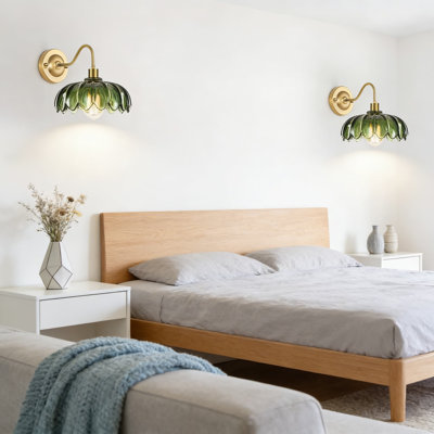 Plug-In Wall Sconces Set Of 2 With Dimmable LED And Flower Glass Shades - Vintage Style Bedroom Wall Lights With Easy Installation And Included Bulbs