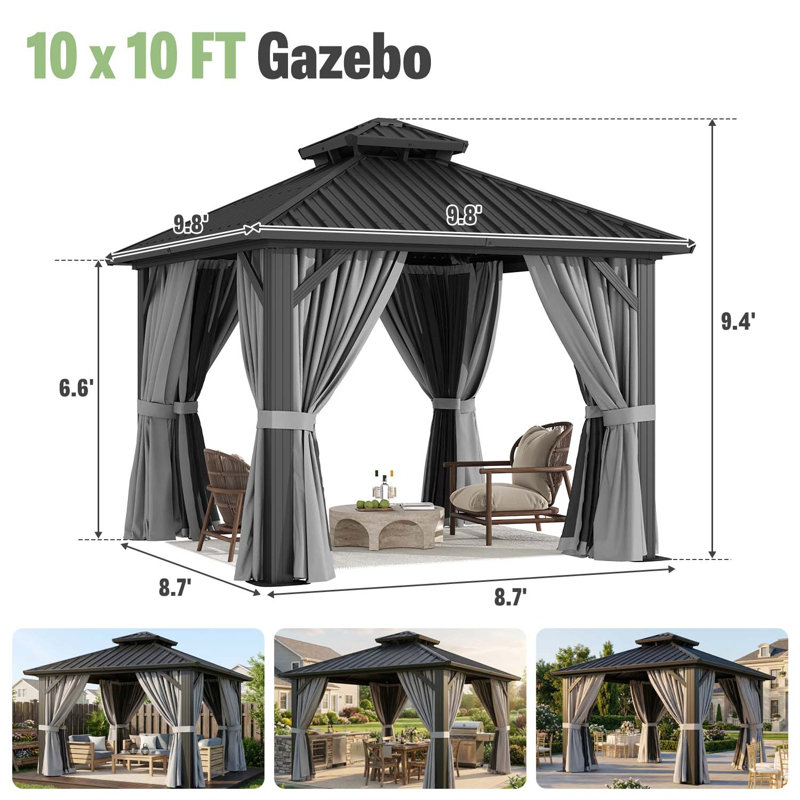 Gazebo d'extérieur rigide en métal de 3 m x 3 m avec structure en aluminium, rideaux d'intimité et moustiquaire, 10'x 10'