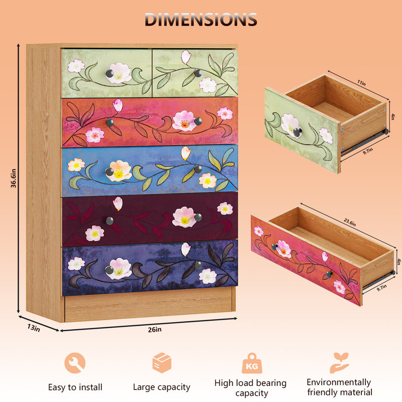 Commode 5 tiroirs brun à 5 niveaux avec panneaux de particules P2 26 po x 13 po x 36,6 po 1 pièce