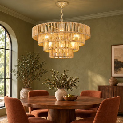 19.69 Inch Tiered Glass Chandelier, 6-Light B12 Pendant Light, Gold Metal Frame Hanging Light with Adjustable Cord for Dining Room Living Room Foyer