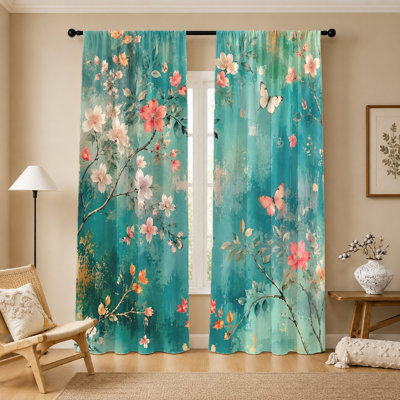 2Pcs rideaux à motif floral, tissu filtrant la lumière, fond aquarelle artistique vert sarcelle, branches rétro en fleurs et papillons délicats, conception à passe-tringle pour le salon, la chambre et le balcon