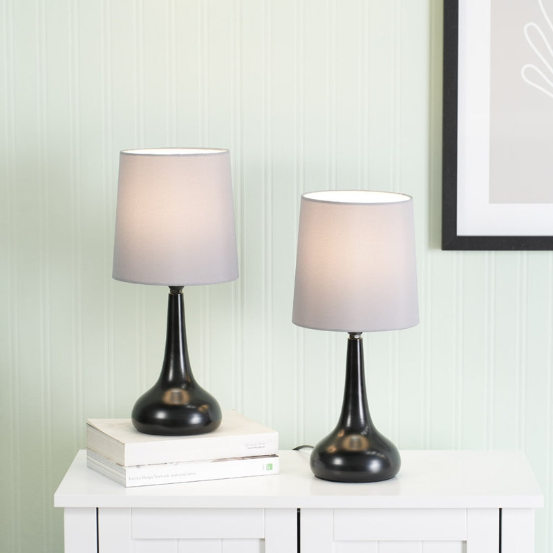 Riorita Pair of Chrome Touch Table Lamps with Fabric Shade and LED Bulbs, Grey, No, Matt Black