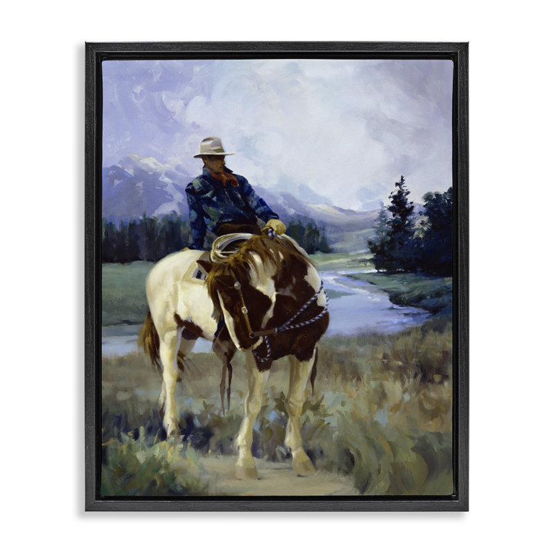 «Cowboy & Horse in Valley», art mural encadré par Floater, conception par Carolyne Hawley, Cadre flottant noir de jais