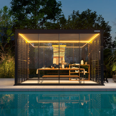 Flexpatio 13 Ft. W X 13 Ft. D Power+ Motorized Outdoor Louvered Pergola W/ 2-Side Shutter Wall & 2-Side Sliding Glass Doors