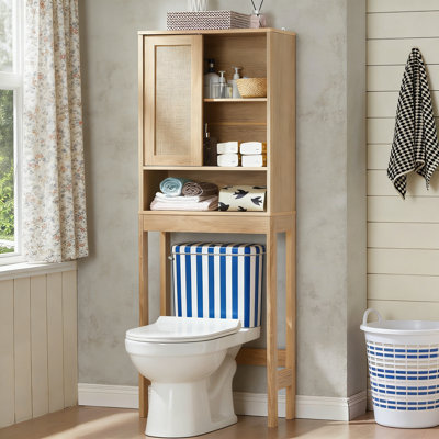 Over The Toilet Storage Cabinet With Rattan Sliding Door,Tall Wood Above Toilet Bathroom Organizer