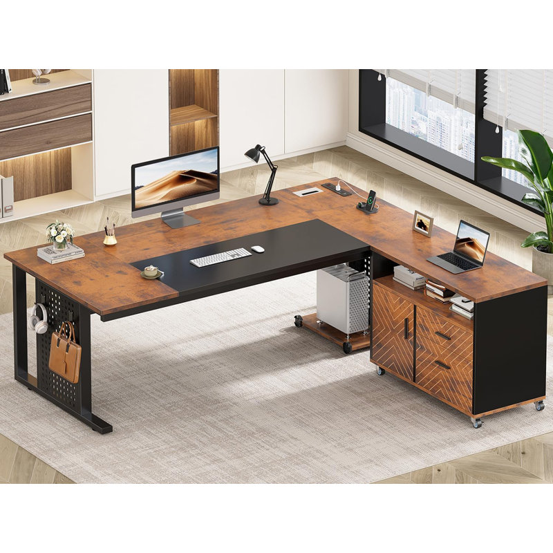 71" Computer Desk Executive Desk With Rolling File Cabinet, Rustic Brown/Black
