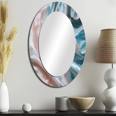 «Pink Blue Dancing Colors II» - Miroir décoratif ovale abstrait sur métal