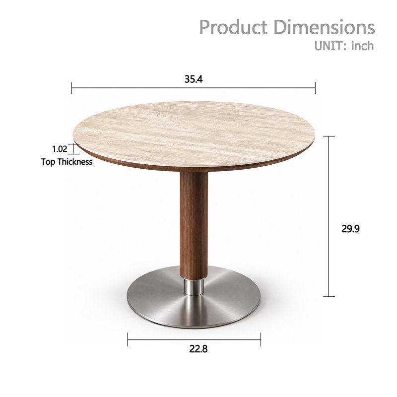 Table de salle à manger ronde moderne de 90 cm (35,4 po) avec plateau en pierre frittée imitation travertin, pied central en bois et base en acier inoxydable