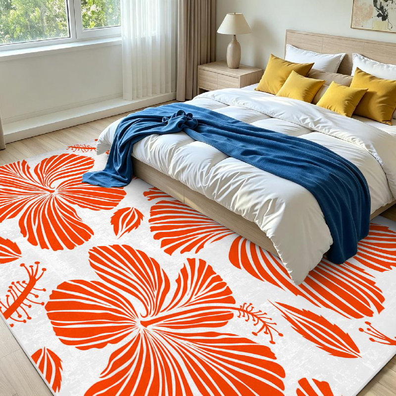 Orange Tropical Hibiscus Flowers Colors Watercolor White Abstract Art Machine Washable Indoor Area Rug, Rectangle 79" x 118"