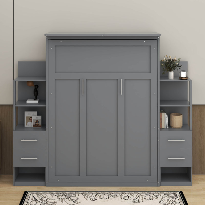 Lit escamotable double avec tablettes, tiroirs et DEL, Grey