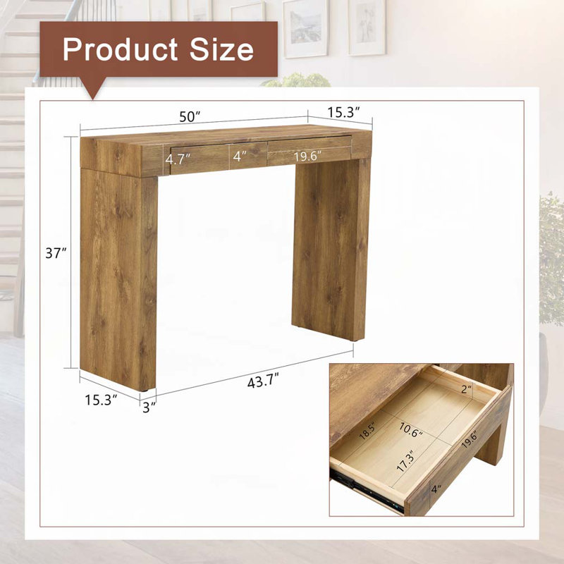 50" Wood Console Table with 2 Drawer, Natural Wood