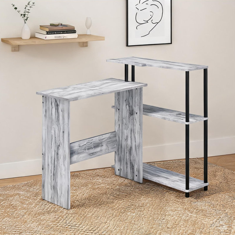 Bureau d'écriture rectangulaire blanc antique avec tablette latérale, structure en métal noir et panneau de particules, largeur de 39 pouces