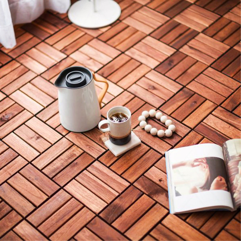 Acacia Wood Interlocking Deck Tiles Checker Pattern, Brown