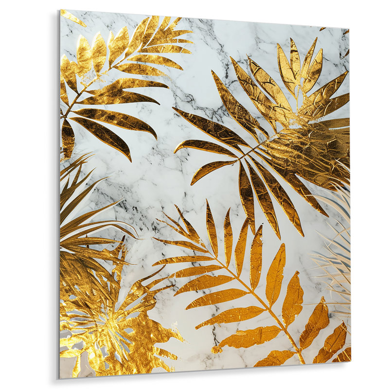 Glam Botanical On White - feuilles, art mural, salon, Métal métal, H 20 po x l 12 po x P 1 po