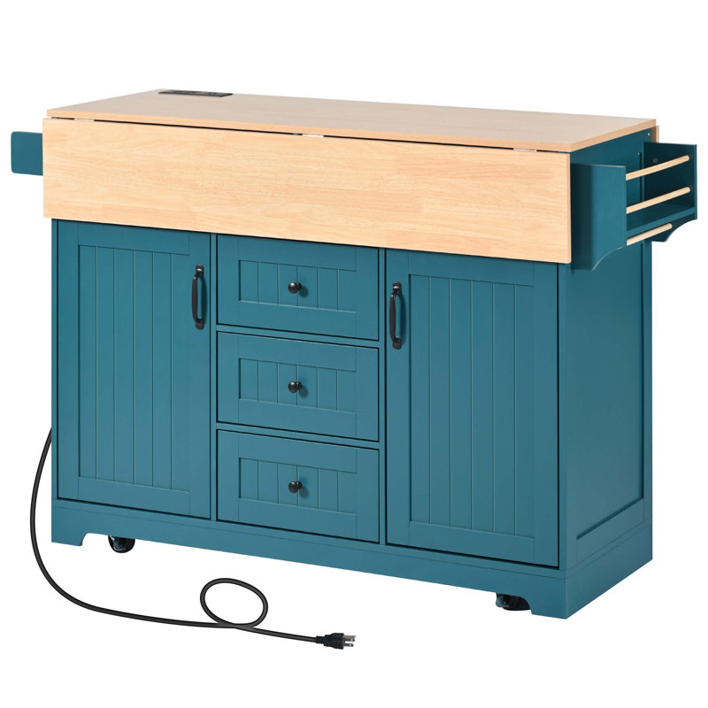 55.7 Inch Large Kitchen Island with 2 Drop Leaf, Rolling Cart on 5 Wheels with Power Outlet, Folding Storage Dining Table with Spice Rack and 3 Drawers, Green