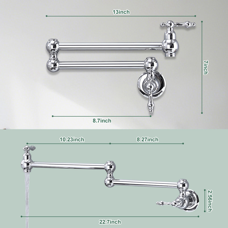 Single Hole Wall Mounted Swing Arm Folding Pot Filler Kitchen Faucet With Double Handles, Chrome