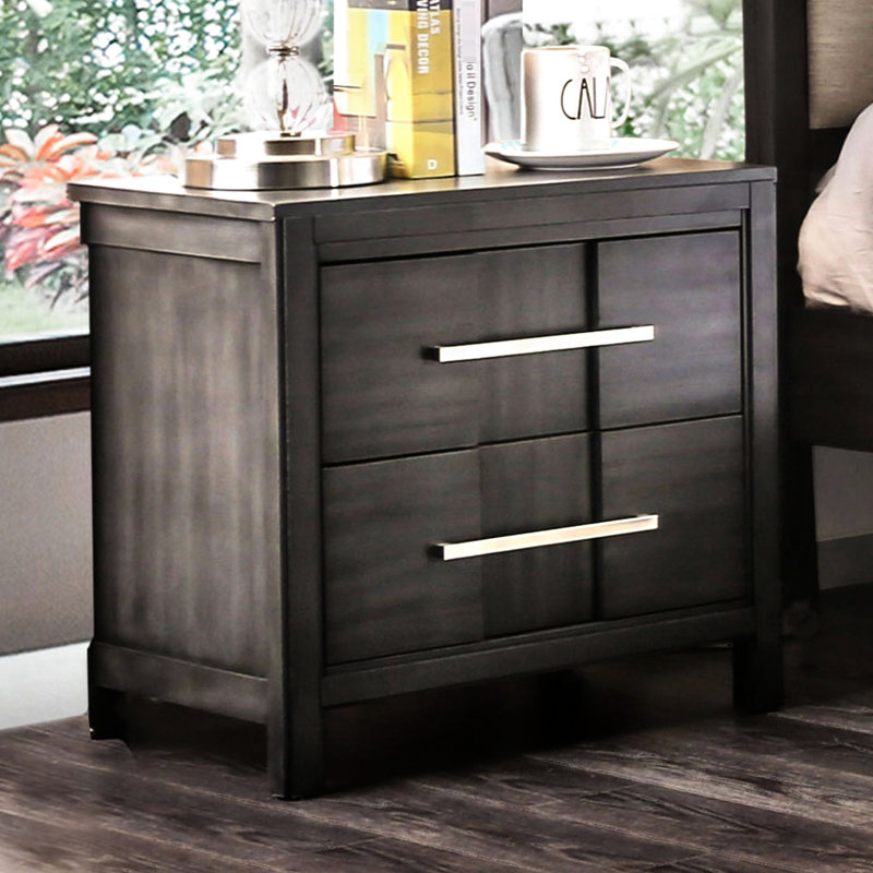 Table de chevet transitionnelle grise 1 pièce moderne avec 2 tiroirs, plateau doublé de feutre, bois massif et assemblage facile pour la chambre à coucher, quincaillerie en nickel contemporaine, décor simple