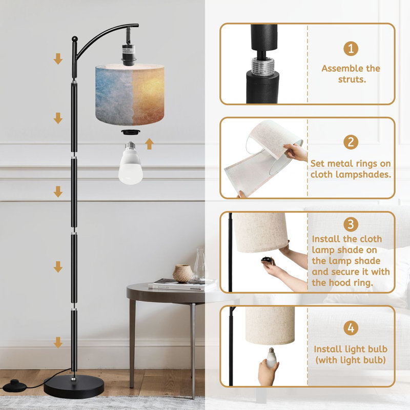  Arc Floor Lamp Abstract Beach Sea Summer Grunge Wave Sand Pastel Crayon Drawing Tall Modern Standing Lamp LED Adjustable Linen Lampshade 3 Color Temperatures