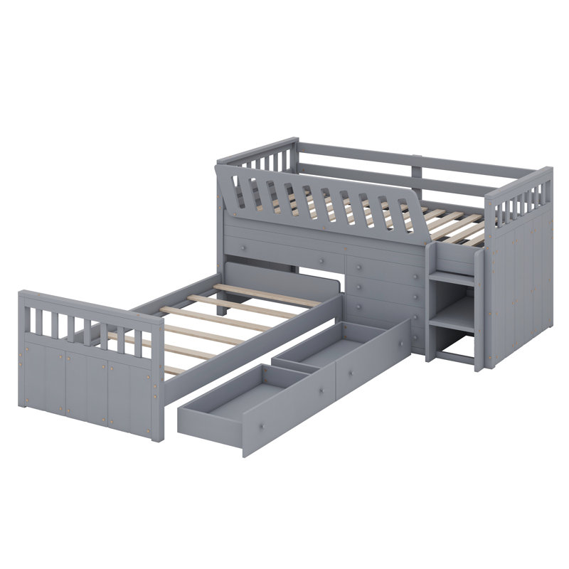Lit mezzanine et lit plateforme en L à faible encombrement avec tiroirs et garde-corps complets, Gris