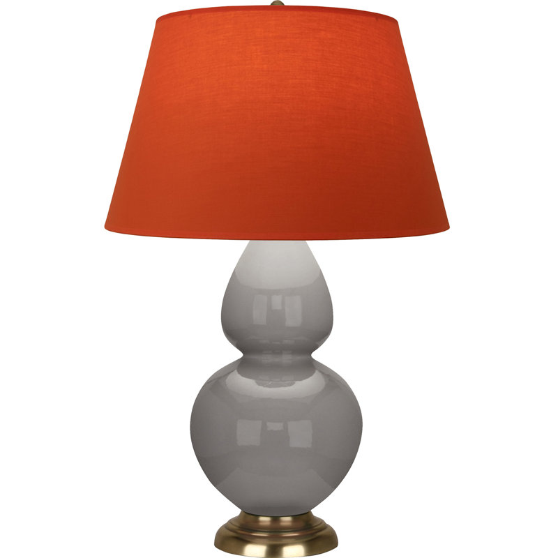 Lampe de table double gourde en céramique, Taupe fumé glacé / laiton, Tangerine / doublure taupe, Laiton