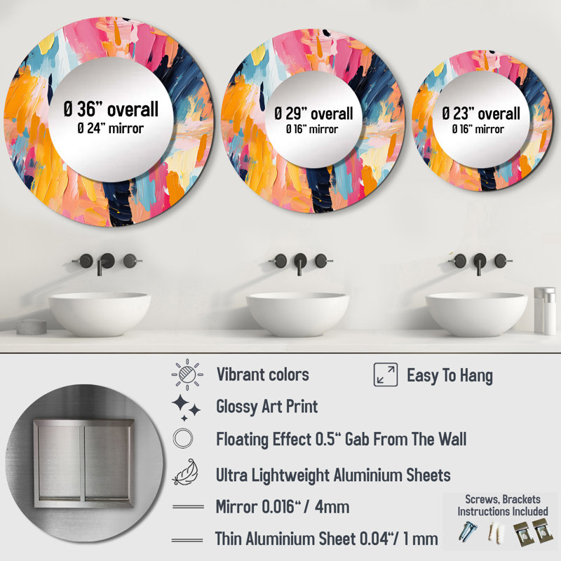 Rufine Colorful Paint Swirl Bliss - Abstract Decorative Wall Mirror, Modern Round Mirror, Printed Metal Art, 23" x 23"