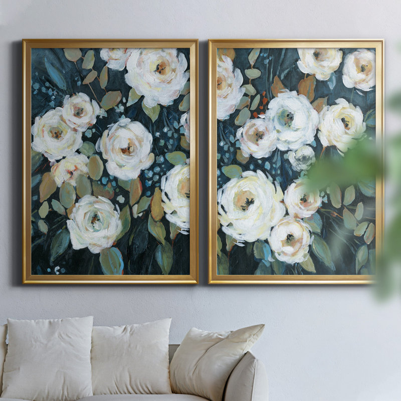 Moonlit Garden II - ensemble de 2 reproductions d'art, H 22,5 po x l 61 po x P 1,5 po, Toile encadrée dorée, Pas de tapis