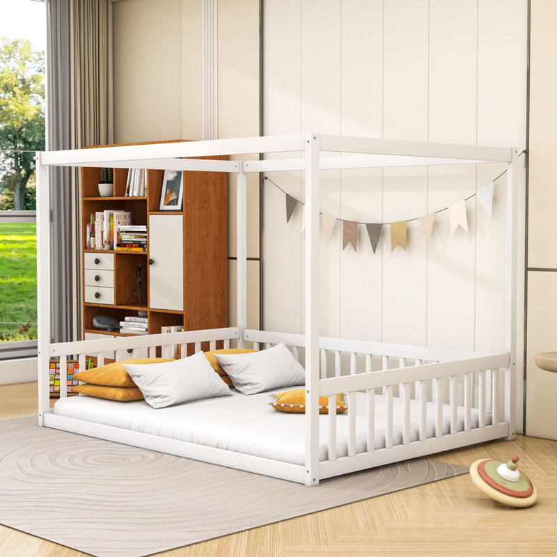 Wooden Canopy Floor Bed With Fence, Full, White