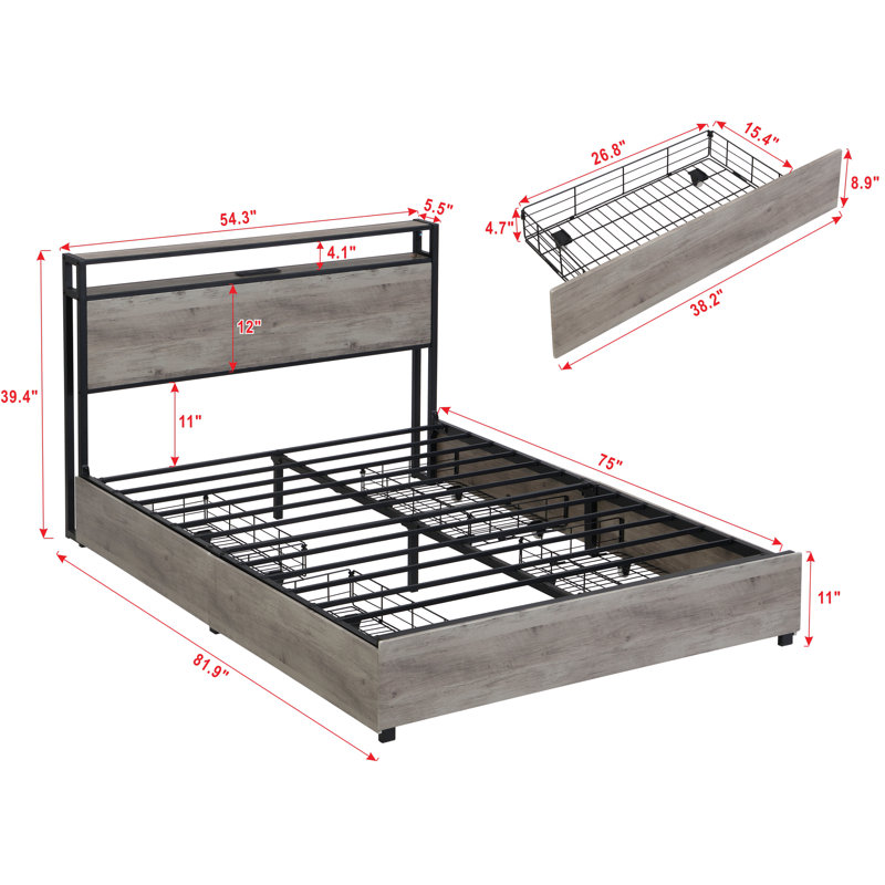 Bed Frame, Storage Headboard With Charging Station, Solid And Stable, Noise Free, No Box Spring Needed, Easy Assembly, Full