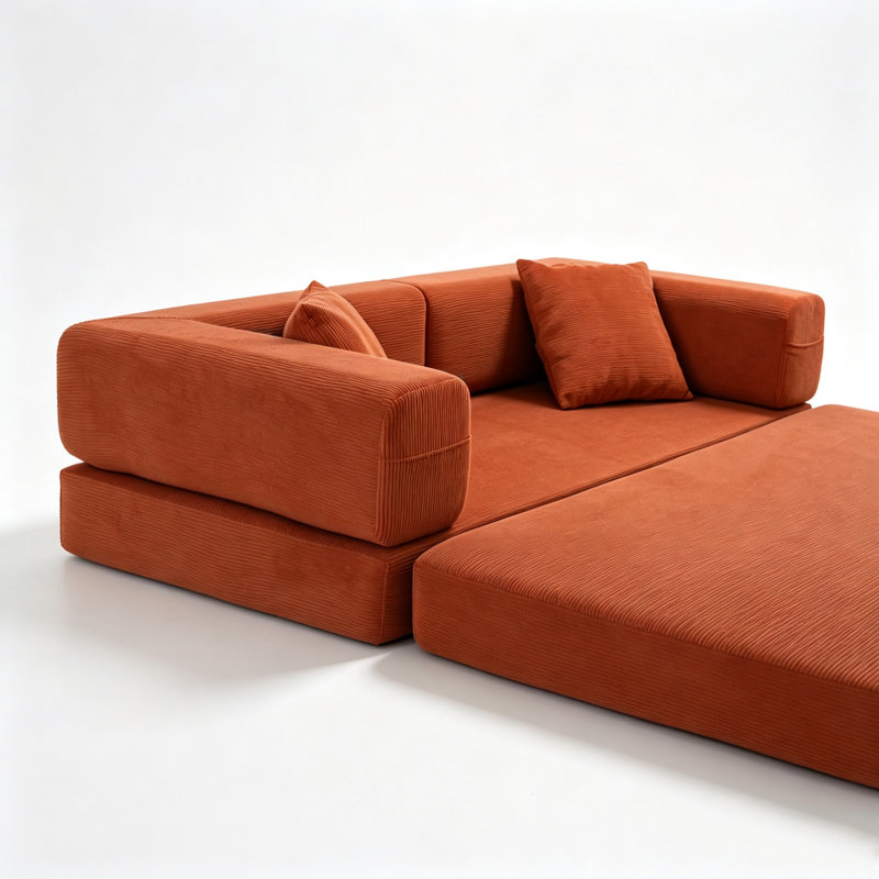 Modern Sofas Compression Bed, Foam Metal, Orange Corduroy Home Lounge, Orange