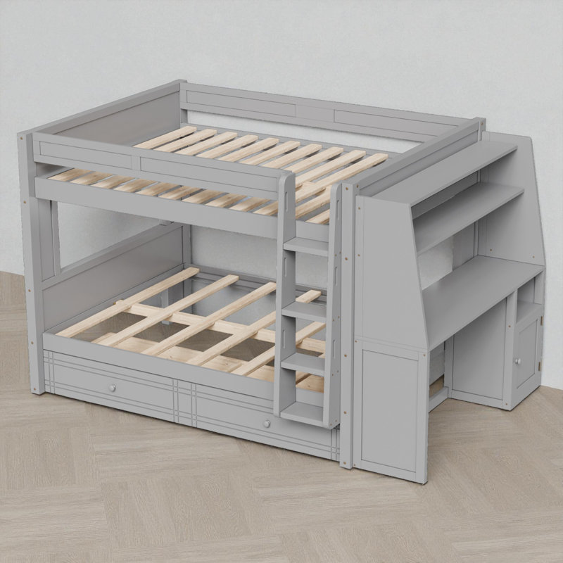 Full Over Full Bunk Bed With Desk And Storage, Grey