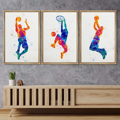 Rainbow Spray Paint Basketball Slam Dunk Sports & Fitness, Athletes Art Pop Modern Boy's Bedroom Portrait Pictures, Giclee Canvas Digital Print Framed Wall Art