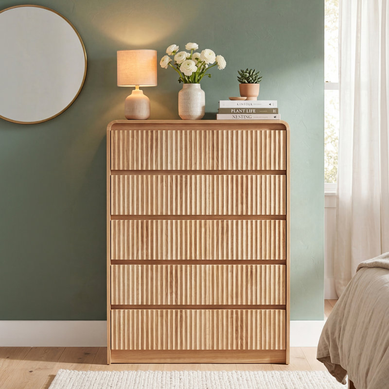 Commode en bois 31 po avec 5 tiroirs, commode courbée anti-collision de style Mid-Century pour chambre à coucher, salon, meuble télé, naturel