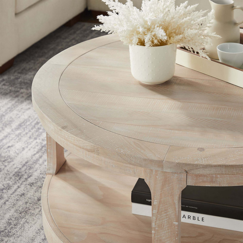 Oak 40" Round Two-Tier Wooden Coffee Table with Wheels