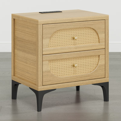 Boho Rattan 2-Drawer Nightstand With Charging Station