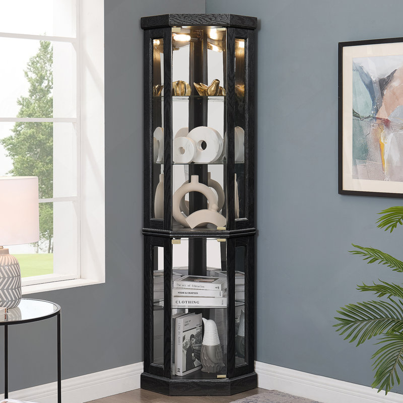 Lighted Corner Curio Cabinet - Display Case For Living Room, Antique Collectibles, Wine & Bar Glass Storage - Elegant Corner Design With Lights Included-BLACK