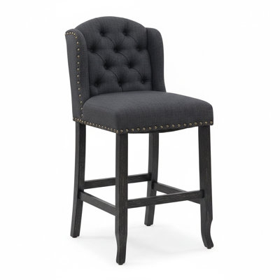 Essyra Chaise à hauteur de bar H à oreilles en bois massif noir / gris avec siège en tissu (ensemble de 2)