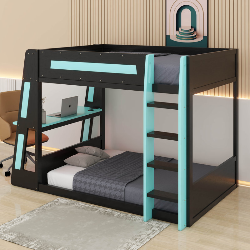 Full Size Wooden Gaming Bunk Bed With Desk,Two Storage Shelves,USB And LED Light, Full, Black/Blue